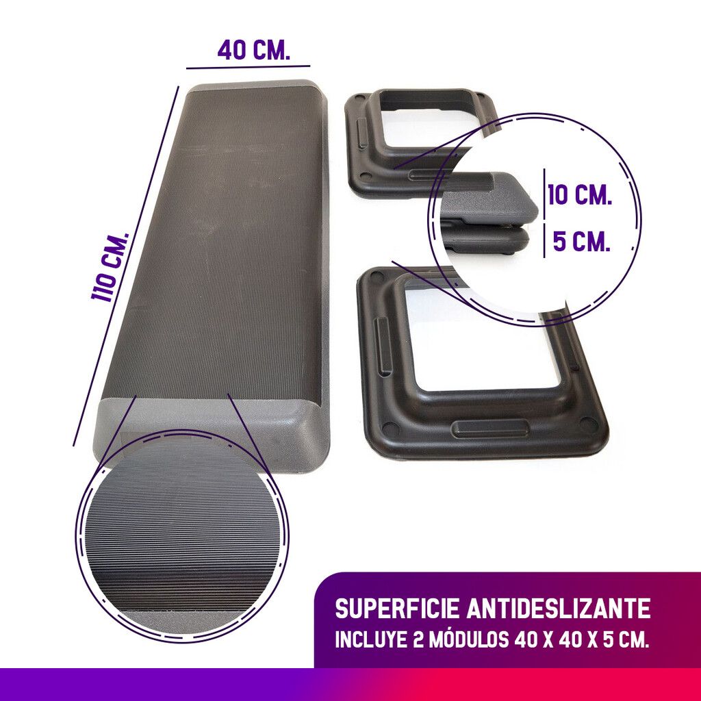 Step con goma antideslizante 1,10m x 40 cm x 0,15 + 2 modulos - GMP